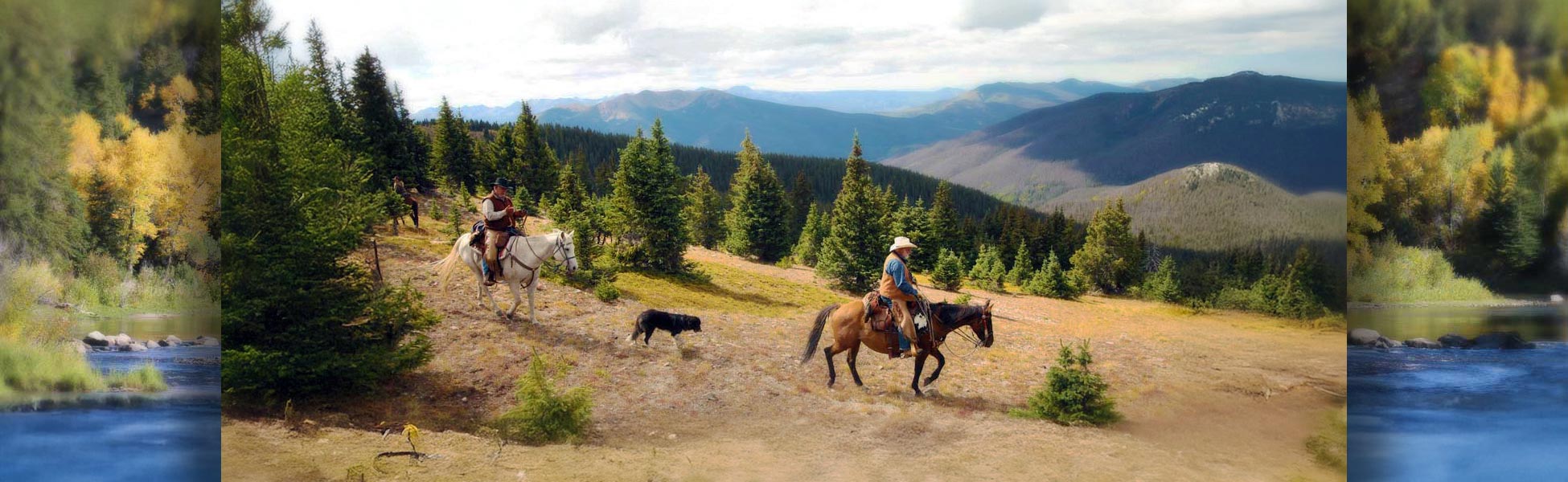 page top with two riders and dog